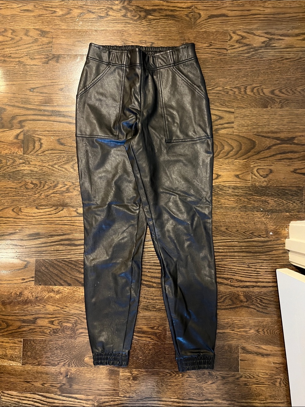 SPANX Black Faux-Leather Jogger Pants with Elastic Cuffs